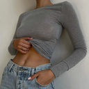 Backless Hollow Out Long Sleeve Top - Grey / S