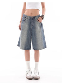 Wide Leg Gradient Blue Retro Denim Shorts