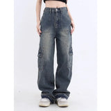 High Waist Straight Casual Baggy Blue Cargo Jeans