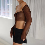 Long Sleeve Lace Up Bandage Crop Top - Brown / S