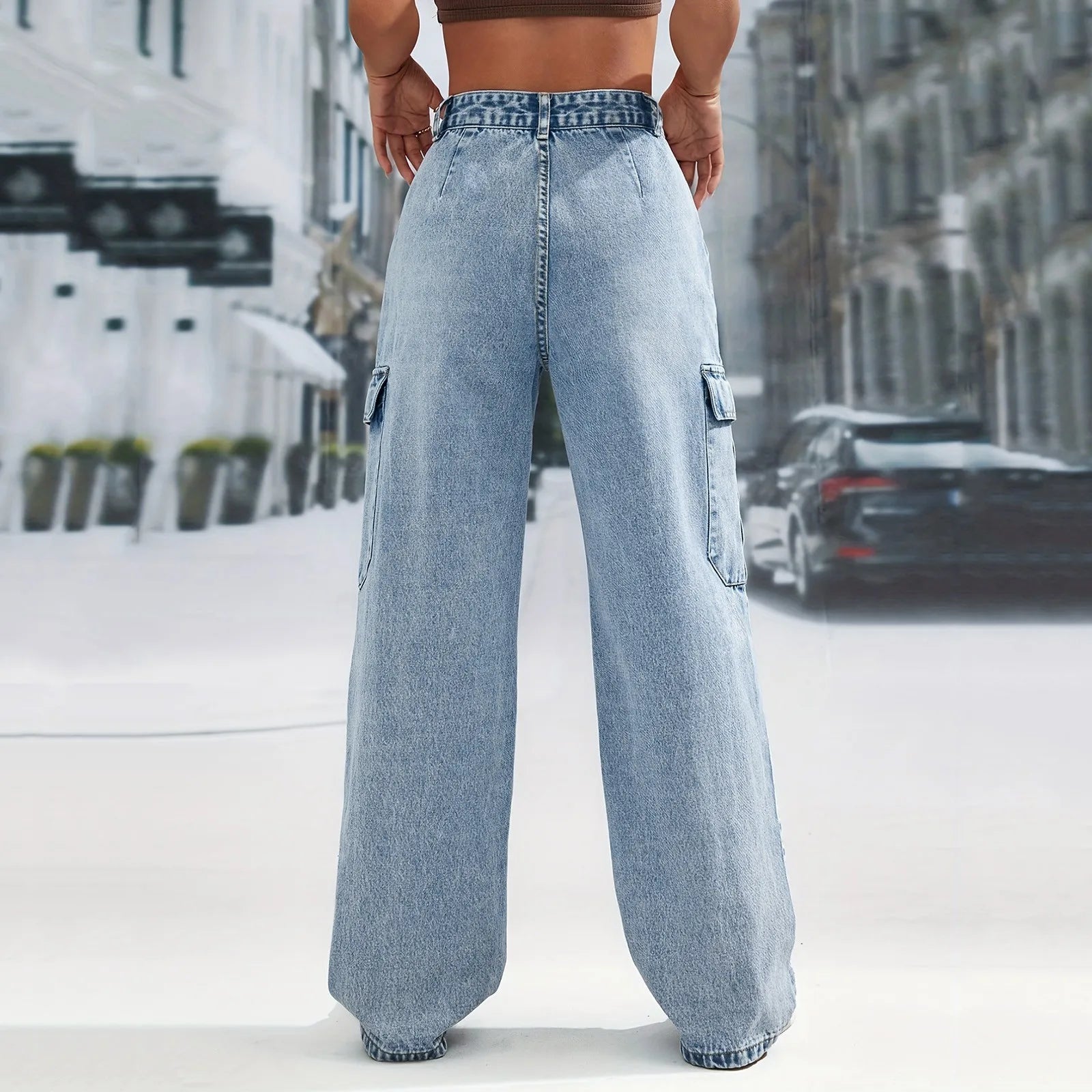 High Waist Blue Straight Denim Cargo Pants