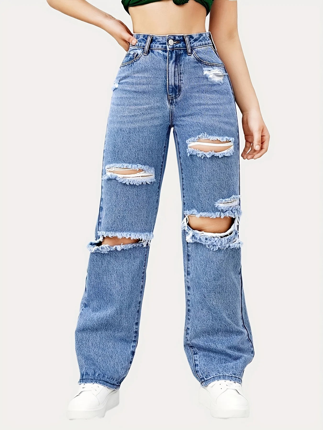 Blue Ripped Slash Pockets Baggy Straight Jeans