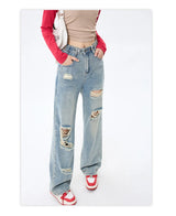 Hollow Out Blue Baggy Ripped Denim Jeans