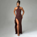 Backless Halter Side Split Maxi Dress - Brown / M