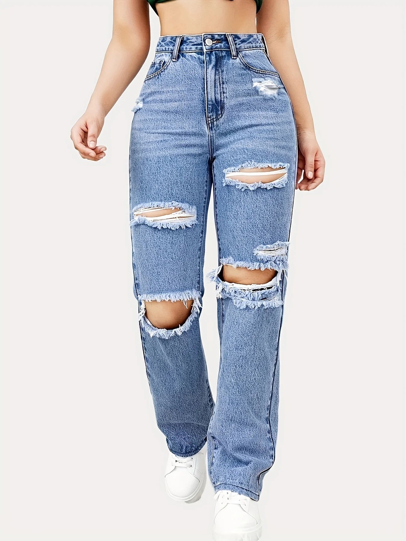 Blue Ripped Slash Pockets Baggy Straight Jeans