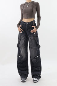 Black Baggy High Waist Straight Cargo Jeans