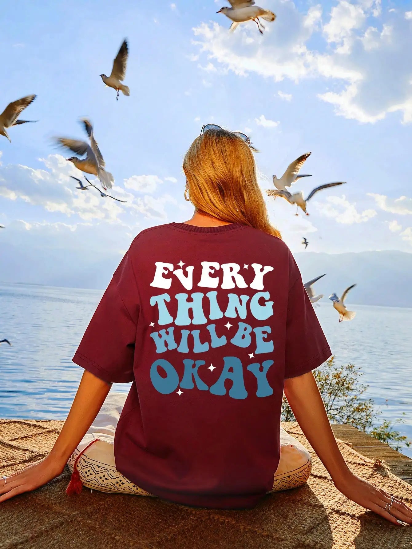 ’Everything Will Be Okay’ Printed Short Sleeve T-Shirt - Wine Red / XXL