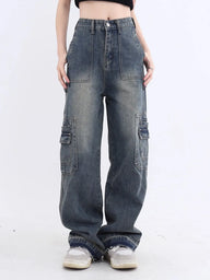 High Waist Straight Casual Baggy Blue Cargo Jeans