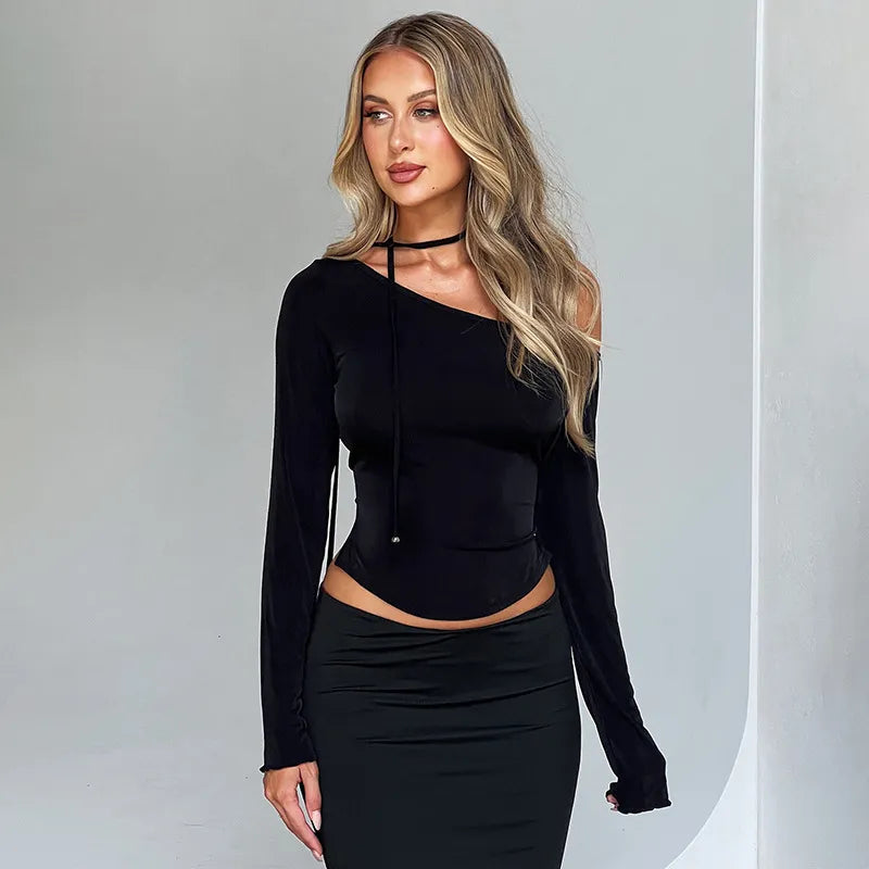 Off Shoulder Long Sleeve Crop Top - Black / S