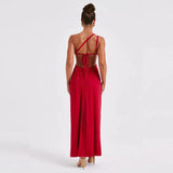 One Shoulder Ruched Backless Split Maxi Dress