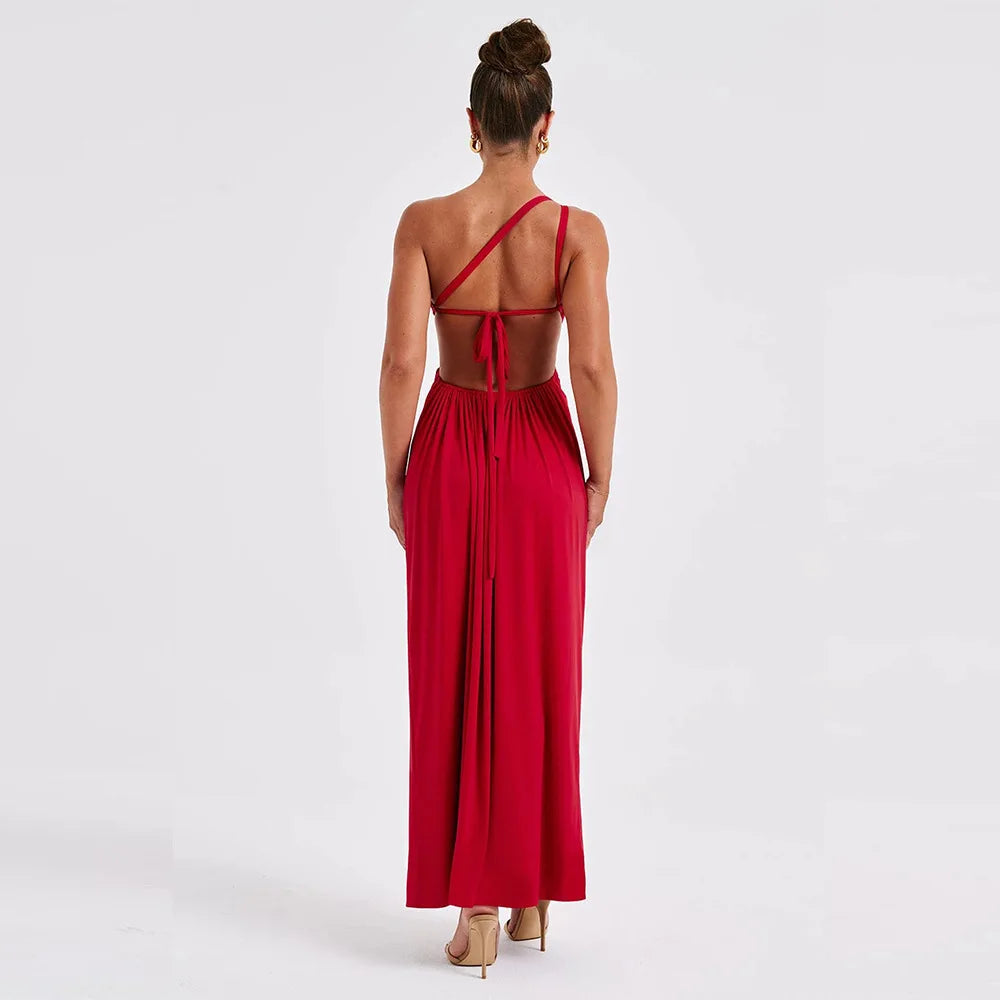 One Shoulder Ruched Backless Split Maxi Dress