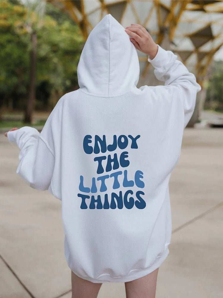 ’Enjoy The Little Things’ Printed Oversized Hoodie - White & Blue / S