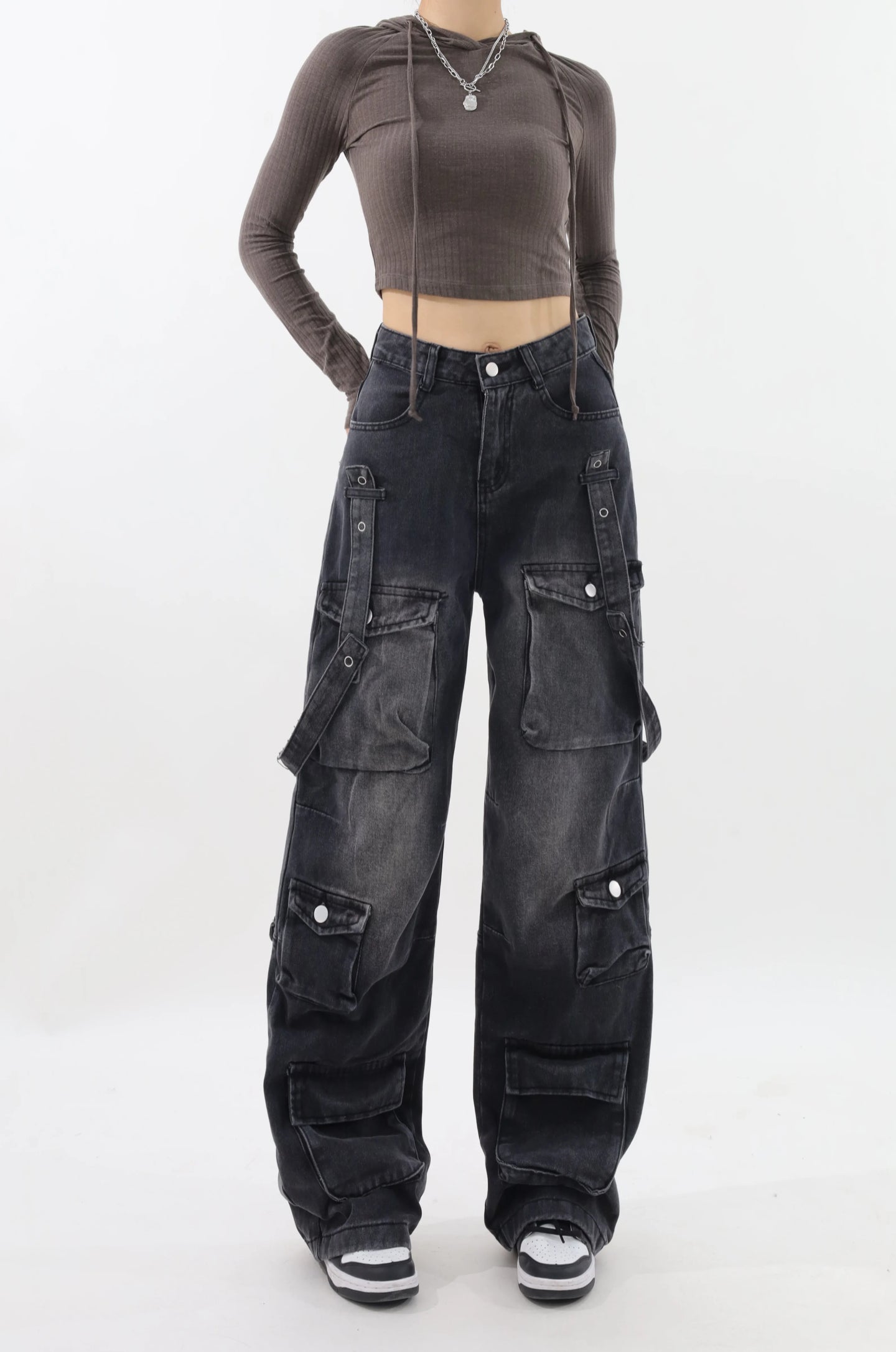 Black Baggy High Waist Straight Cargo Jeans