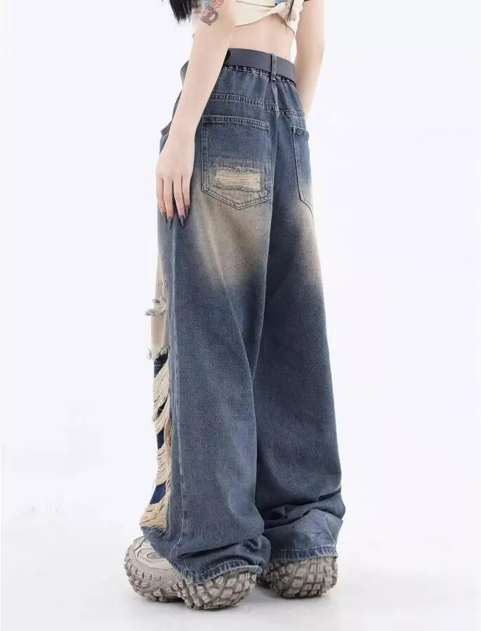 Wide Leg Baggy Ripped Denim Trouser