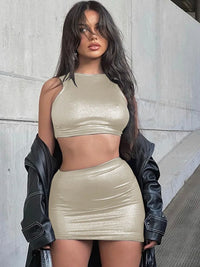 Shiny Silky Crop Top With Drawstring Skirt Set - Apricot / S