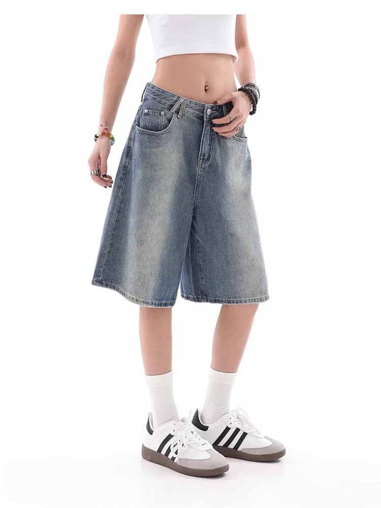 Wide Leg Gradient Blue Retro Denim Shorts