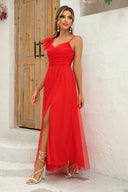 Asymmetrical Ruched Slit Dress - Red / XS