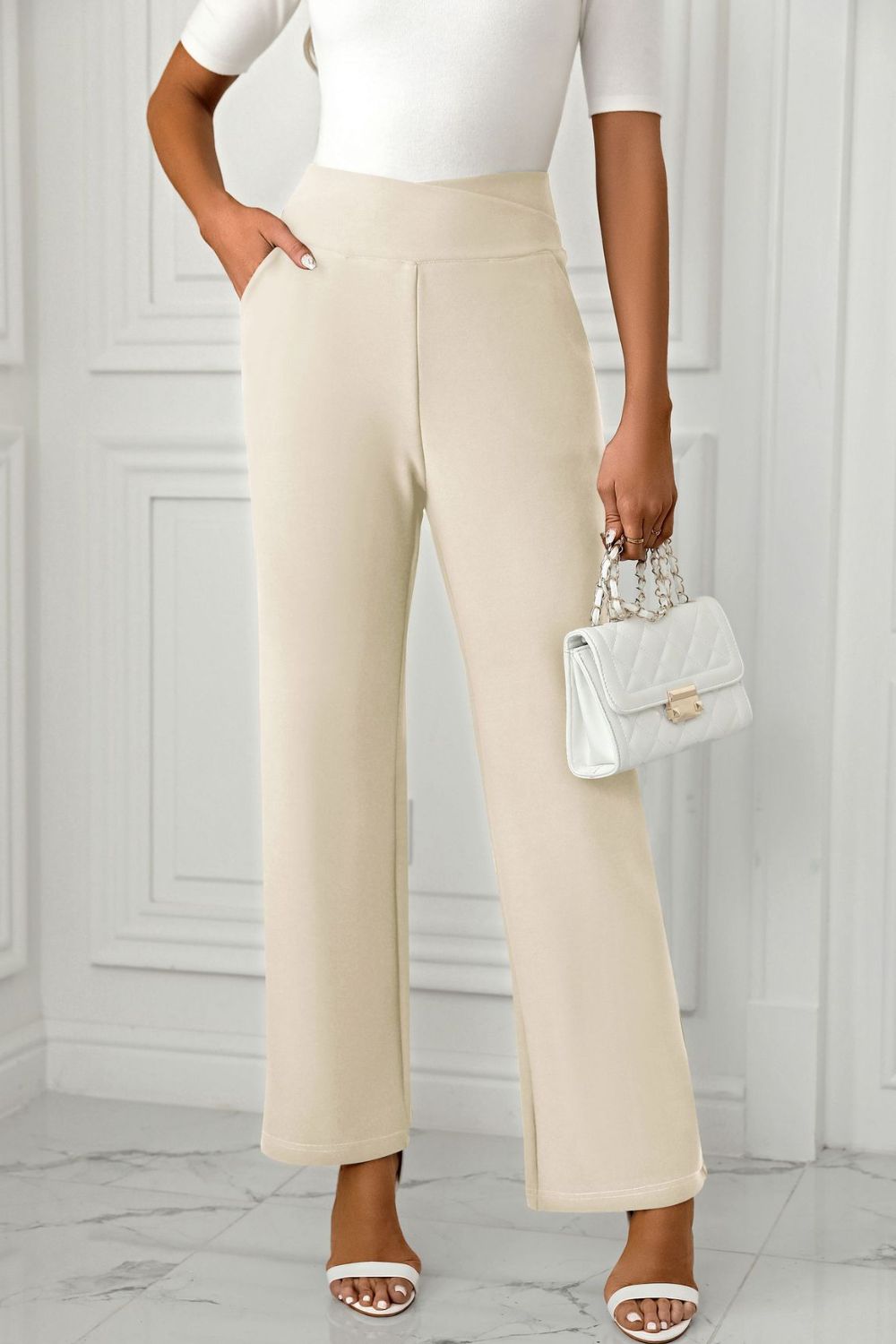 High Waist Pants with Pockets - Cream / S