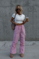 Drawstring Straight Pants with Pockets - Pink / S