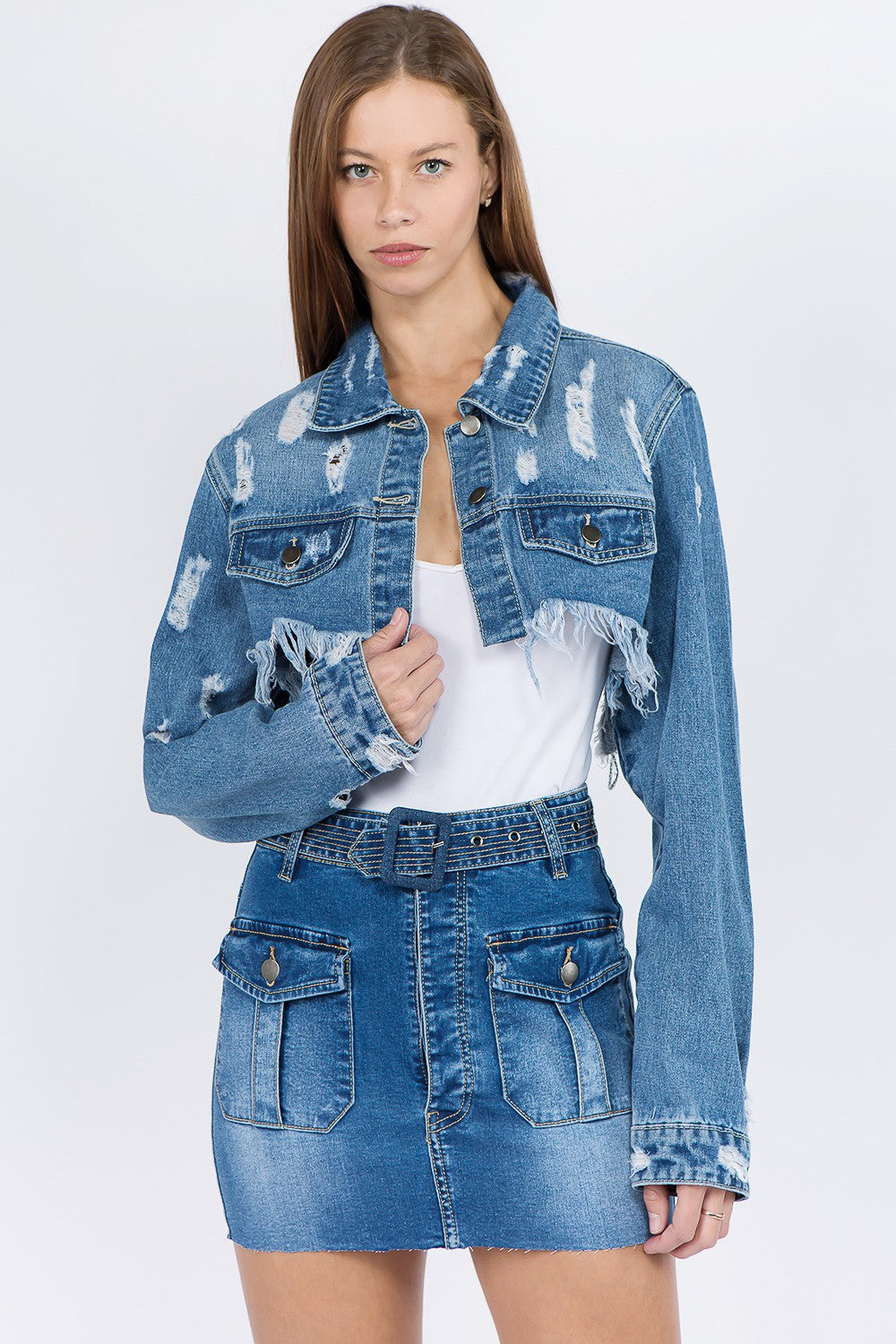 Blue Distressed Denim Jacket with Frayed Hem