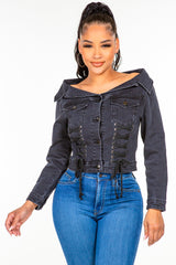 Black Off Shoulder Lace Up Denim Jacket