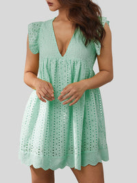 Ruffled Eyelet Cap Sleeve Mini Dress - Light Green / S