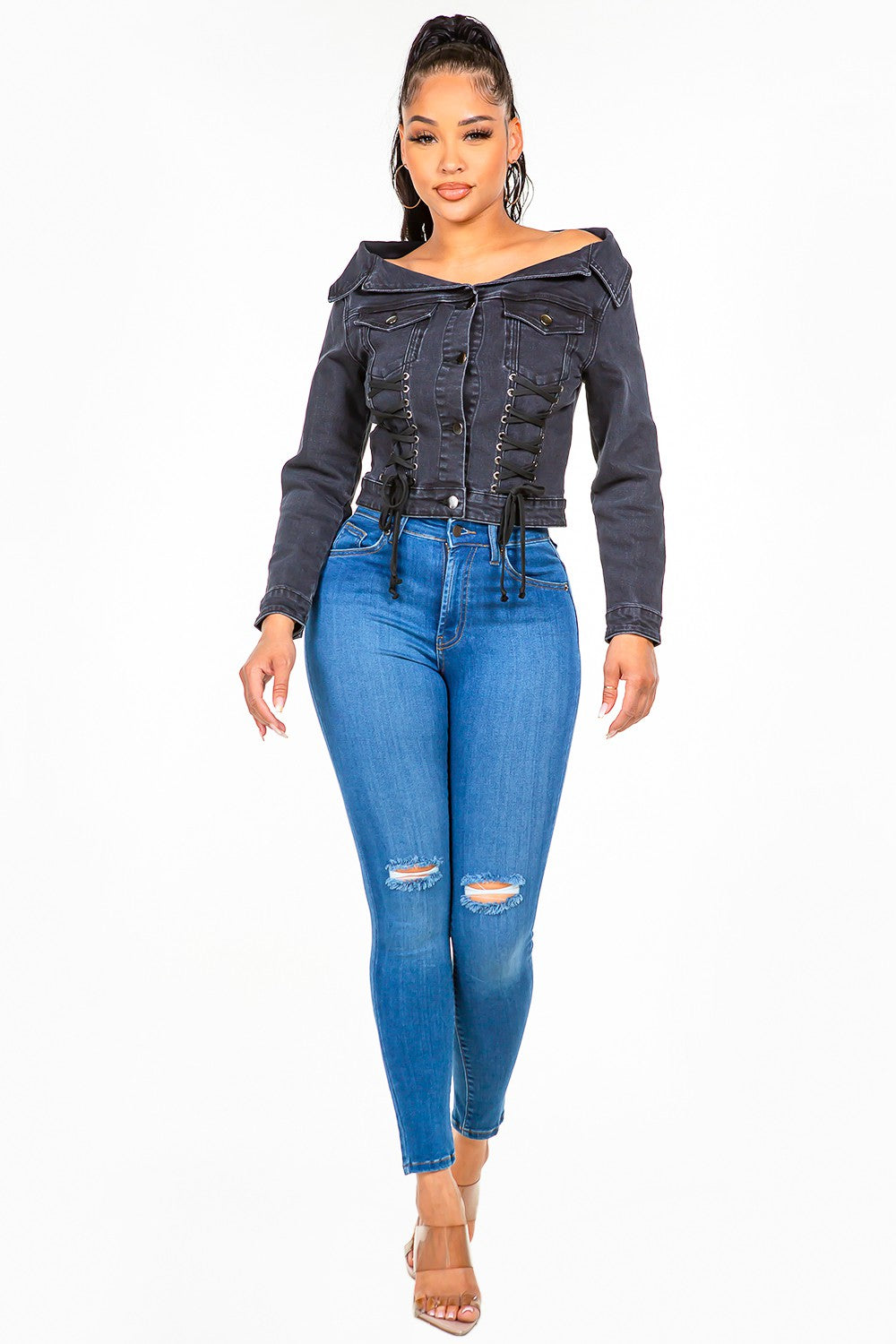 Black Off Shoulder Lace Up Denim Jacket