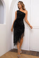 Sequin Asymmetrical Fringe Hem One-Shoulder Dress - Black / XS