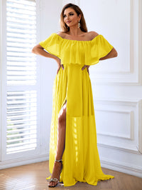 Off-Shoulder Layered Split Maxi Dress - Yellow / XS