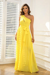 Cutout One-Shoulder Tie Waist Dress - Banana Yellow / XS