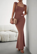 Cap Sleeve Scoop Neck Maxi Dress - Caramel / S