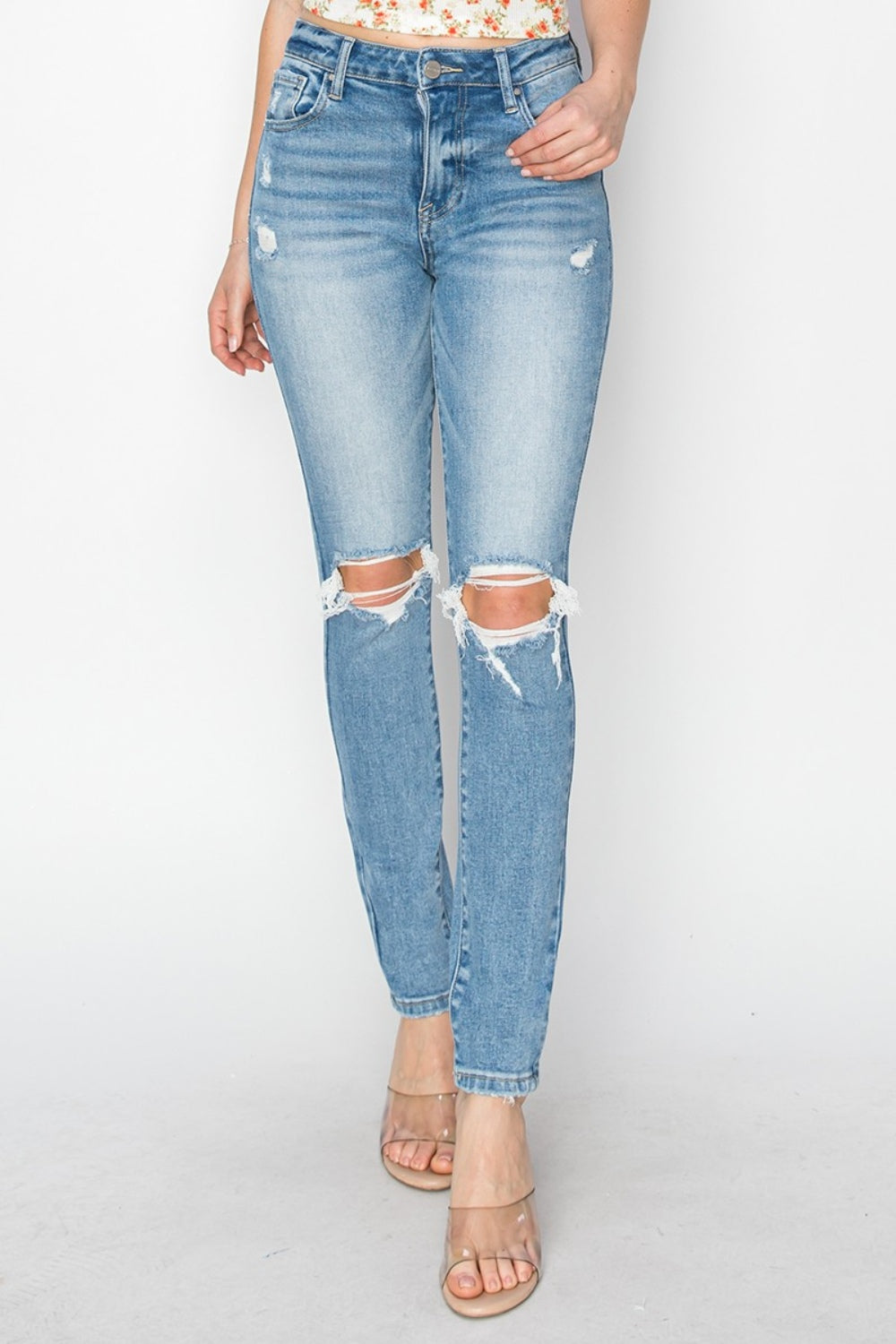 Risen Full Size High Rise Knee Distressed Skinny Jeans - Light / 0(24)