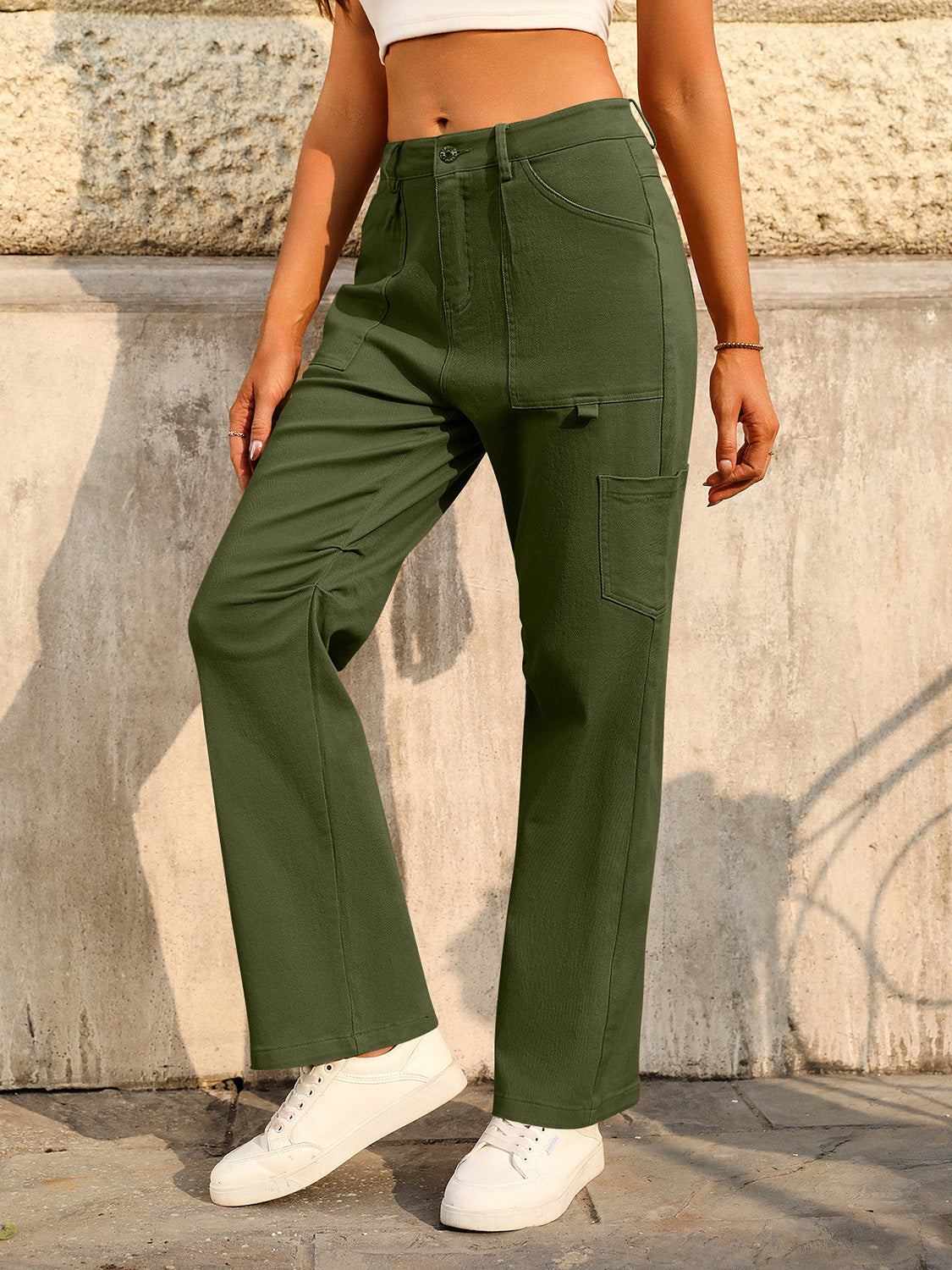 Mid-Rise Waist Pants with Pockets - Dark Green / XS