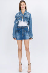 Blue Distressed Denim Jacket with Frayed Hem