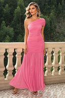 One-Shoulder Ruched Maxi Dress - Pink / XS