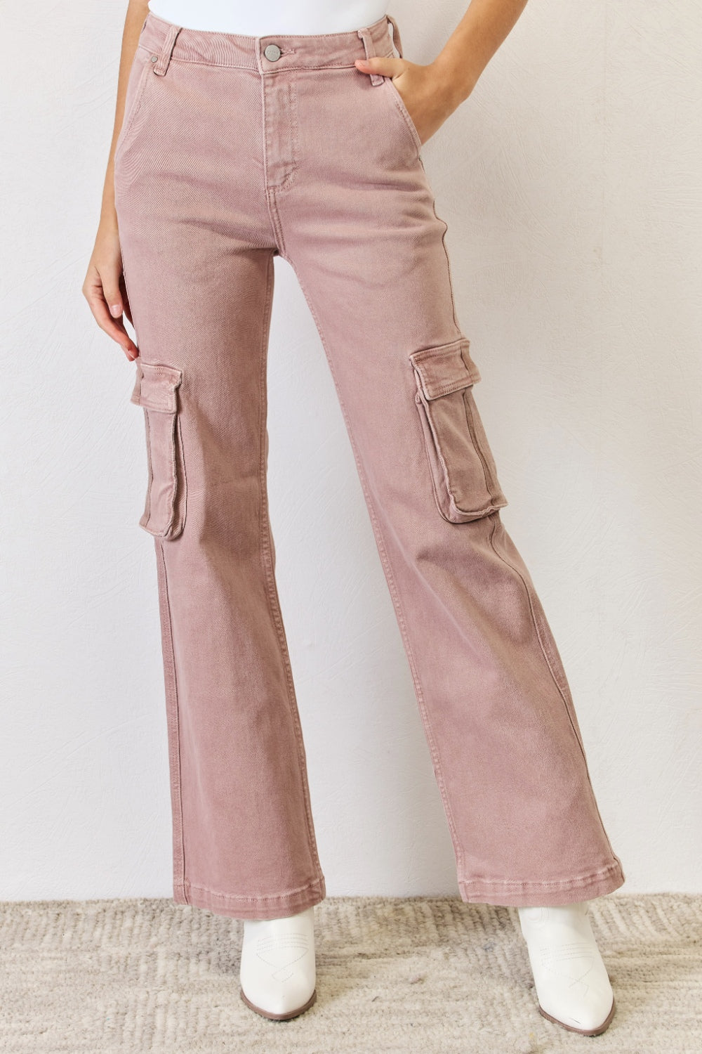 RISEN Full Size High Rise Cargo Wide Leg Jeans - Mauve