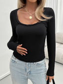 Lace Detail Scoop Neck Long Sleeve T-Shirt - Black / S