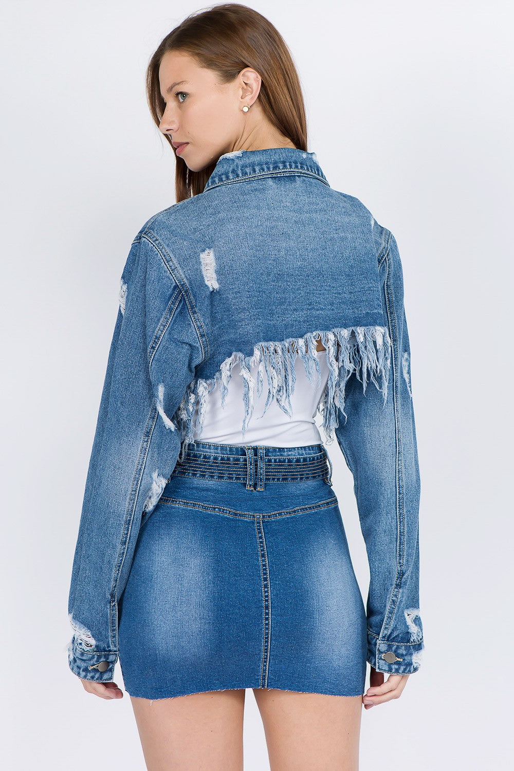 Blue Distressed Denim Jacket with Frayed Hem