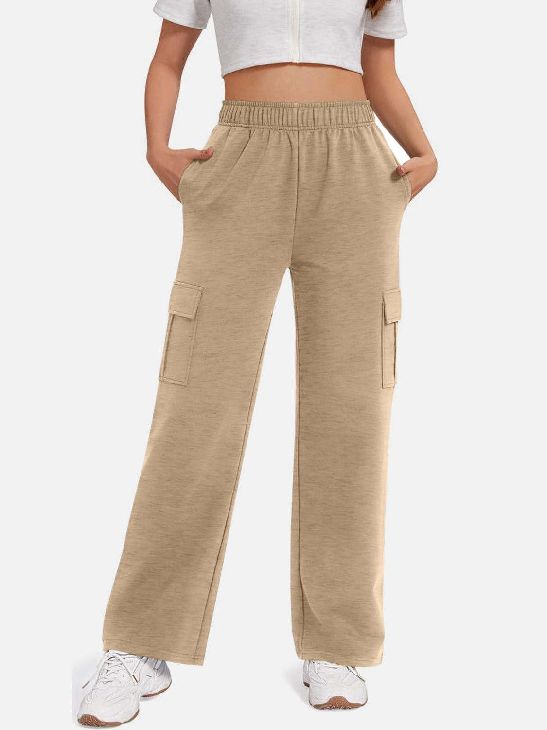 Pocketed High Waist Pants - Tan / S