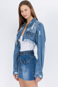 Blue Distressed Denim Jacket with Frayed Hem