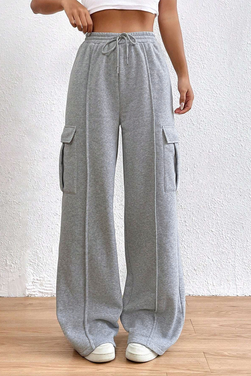 Drawstring High Waist Pants - Light Gray / S