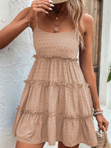 Frill Spaghetti Strap Tiered Dress - Tan / S